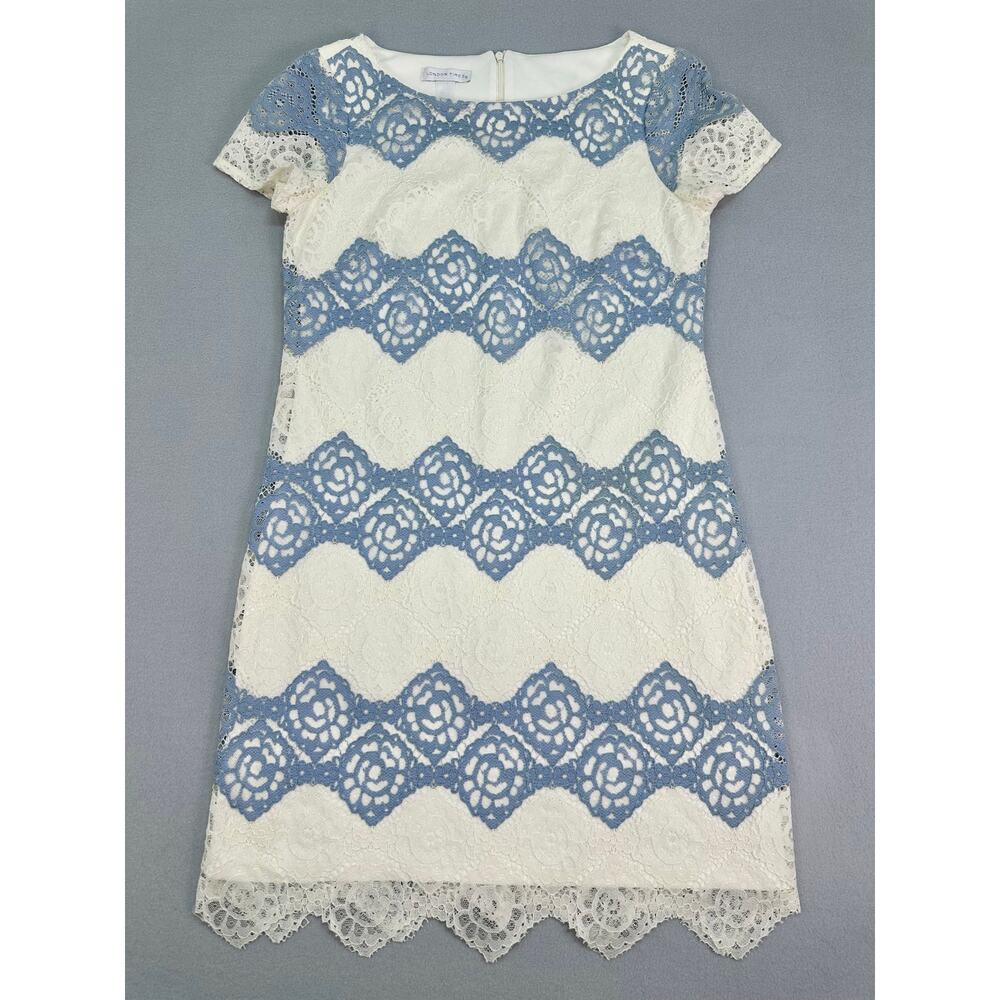 London Times Blue White Lace Sheath Dress Elegant Floral Crochet Overlay Size 6 - Picture 6 of 12